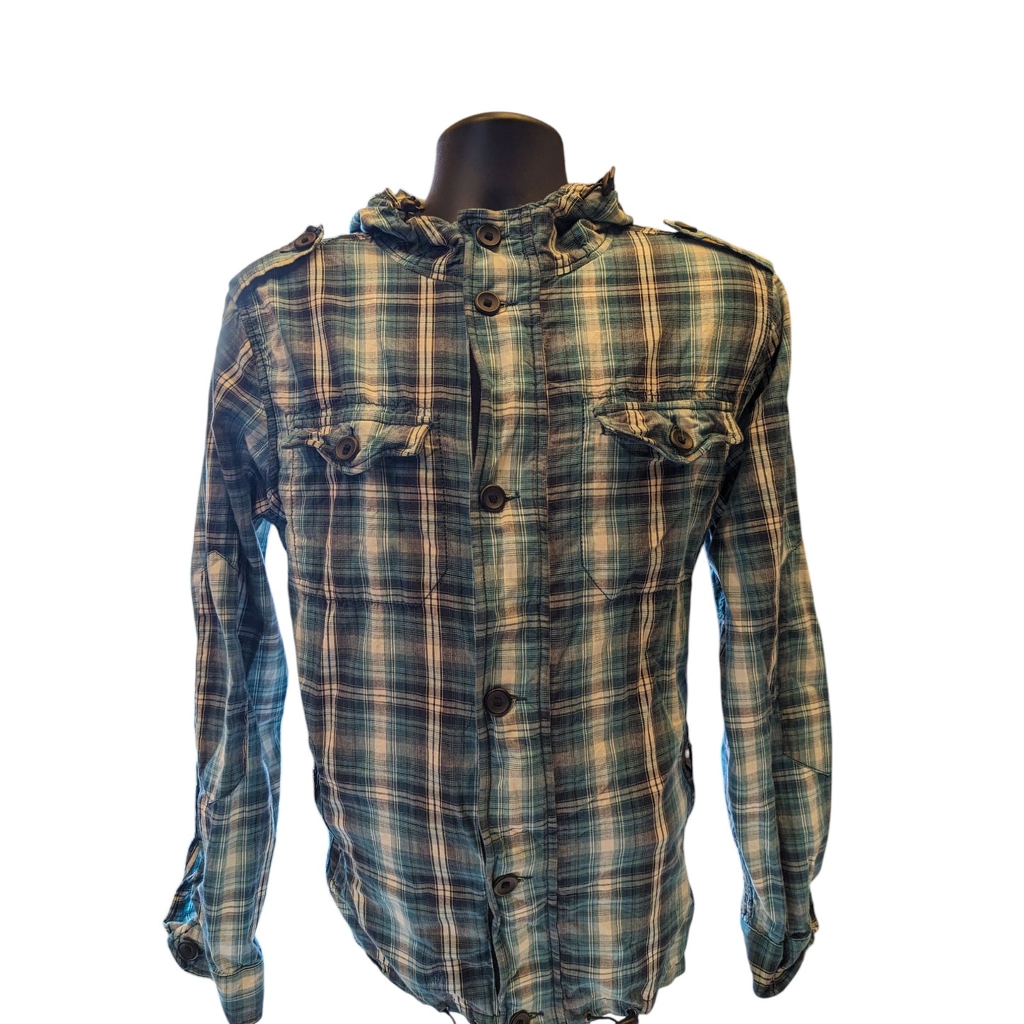 New Look Hoodie Mens Medium/Large Blue Plaid Lightweight Hooded Jacket British