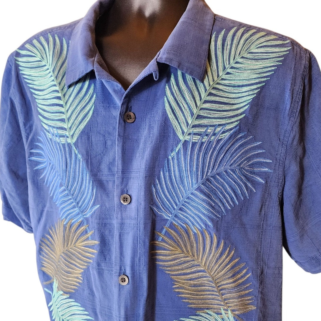 Tommy Bahama Silk Camp Shirt Large Palm Frond Aloha Top Island Vacation Hawaiian