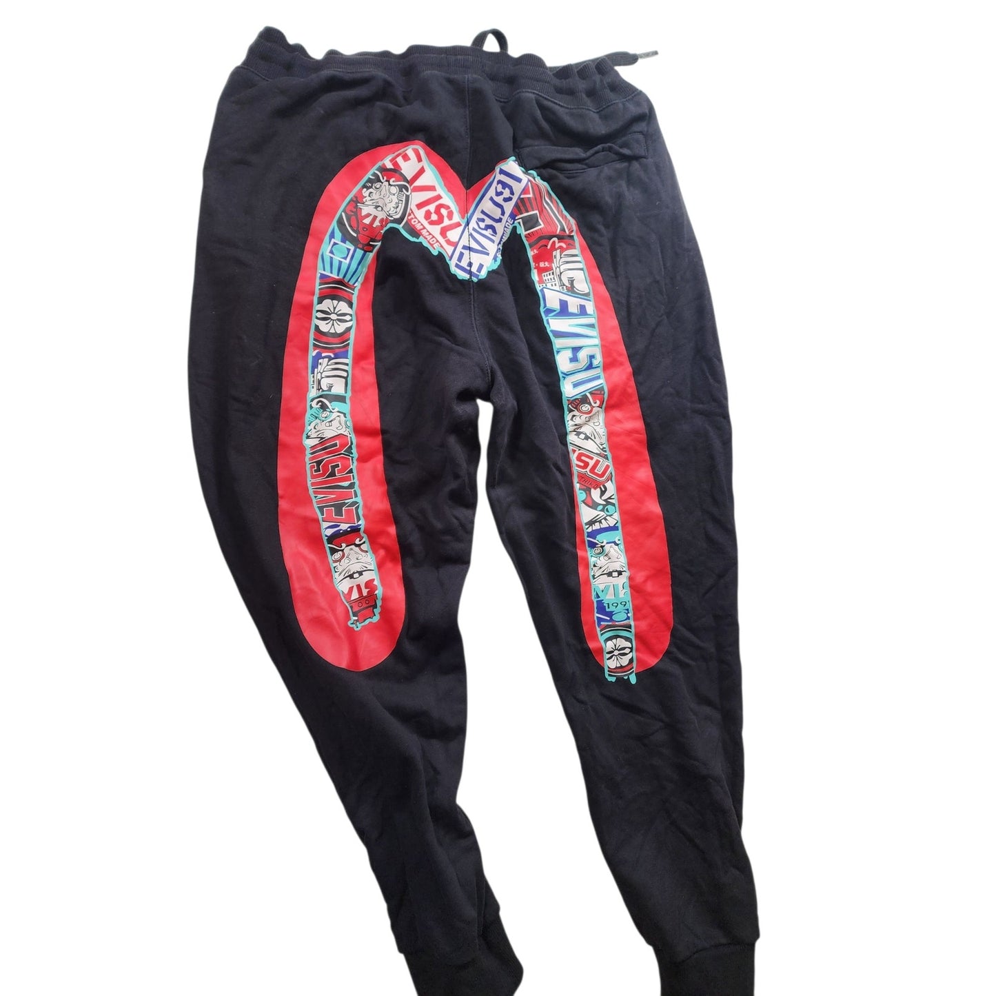 EVISU Heritage Custom XL Sweatpants Red Daicock Graphic Logo Streetwear Joggers