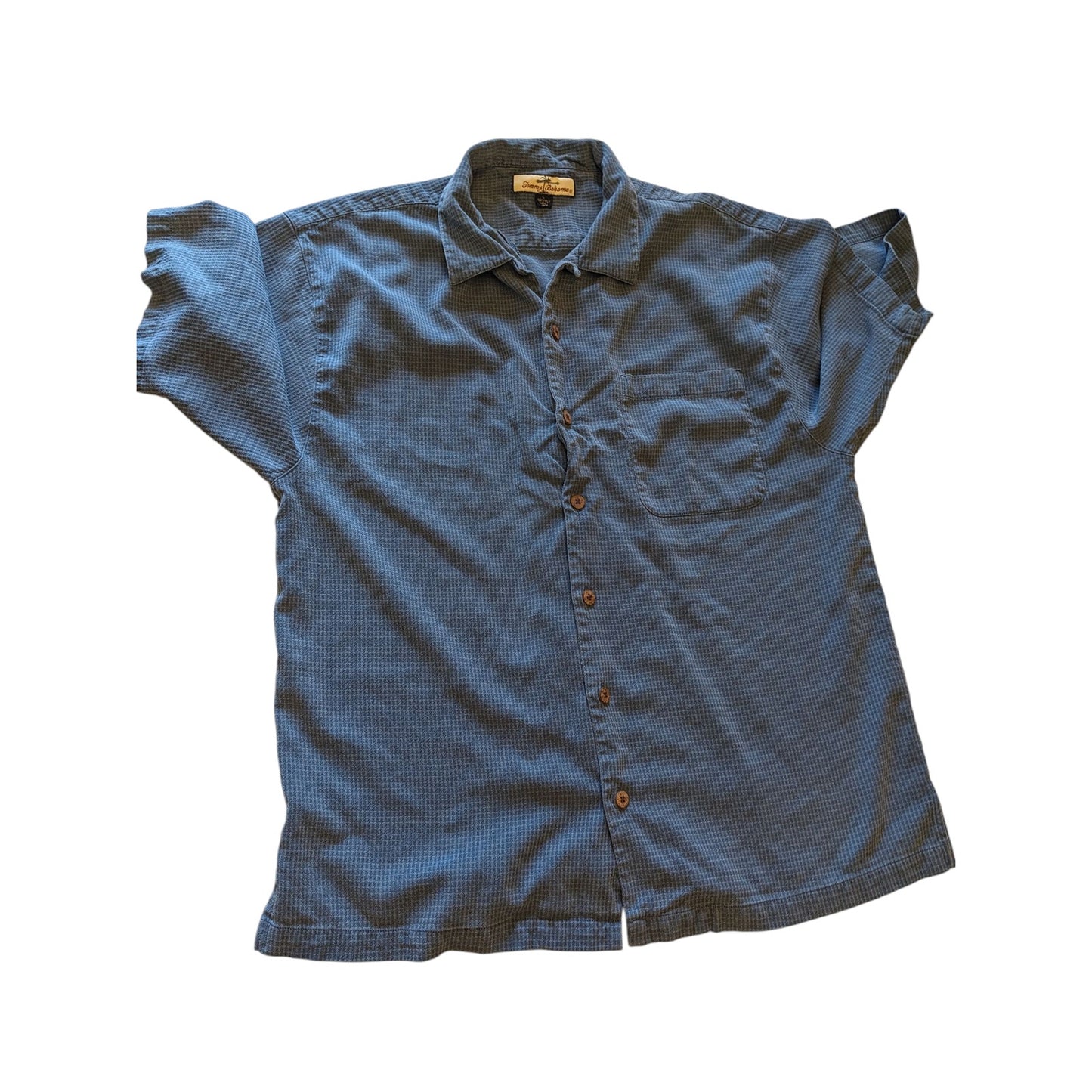 Tommy Bahama Mens Large Short Sleeve Shirt Blue Button Front Cotton Camp Collar