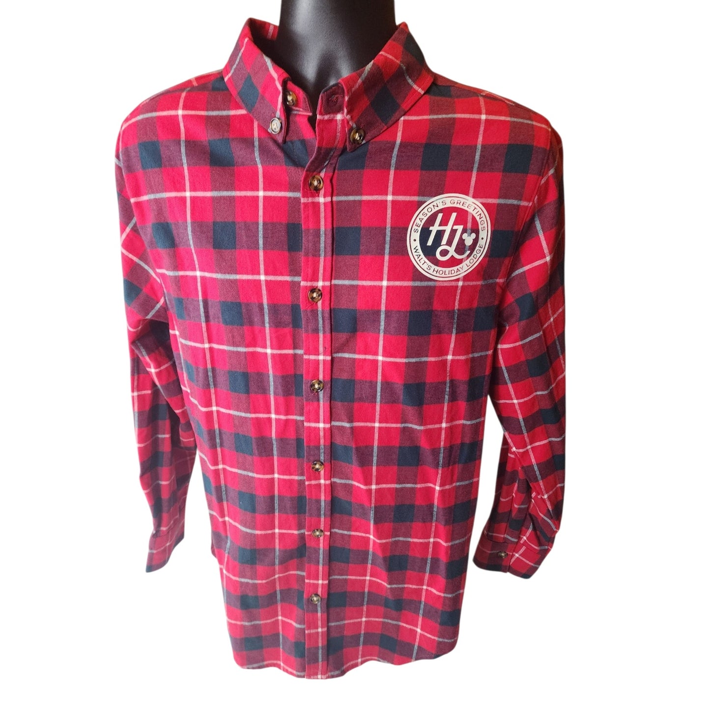 Disney Mickey Plaid Flannel Shirt Large Seasons Greeting Holiday Lodge Christmas