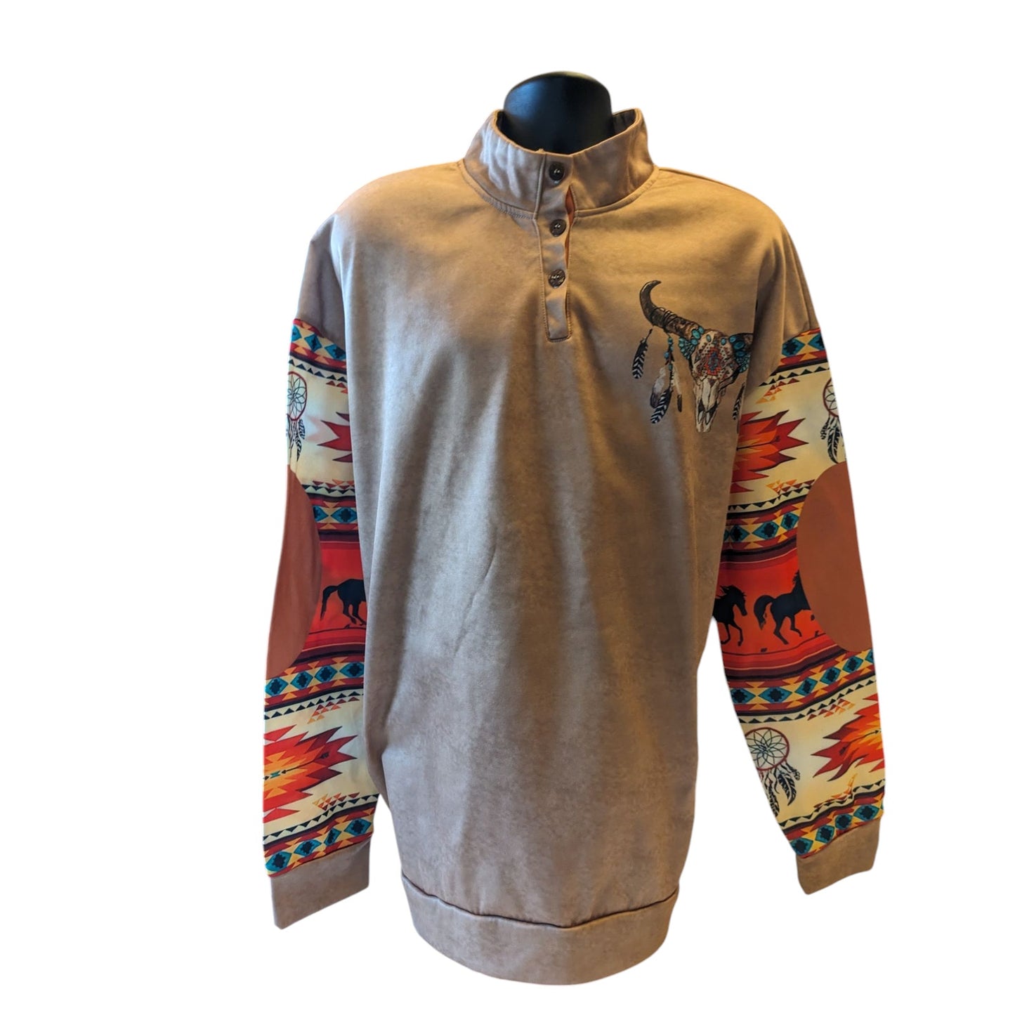 Western Pullover Shirt Sweatshirt Men 3XL Long Sleeve Aztec Skull Southwest Boho