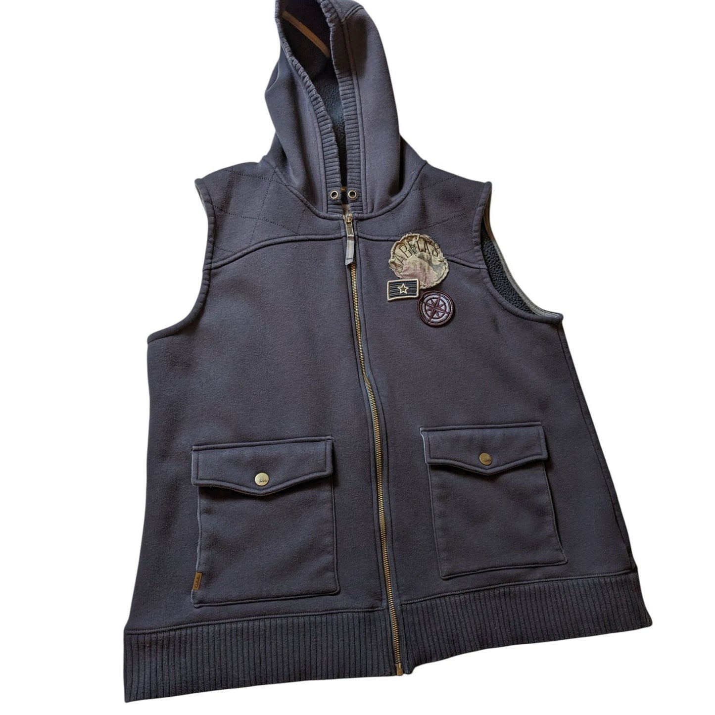 Cabelas Sleeveless Hoodie Vest Womens 2XL Mens XL Fleece Patches Streetwear Zip