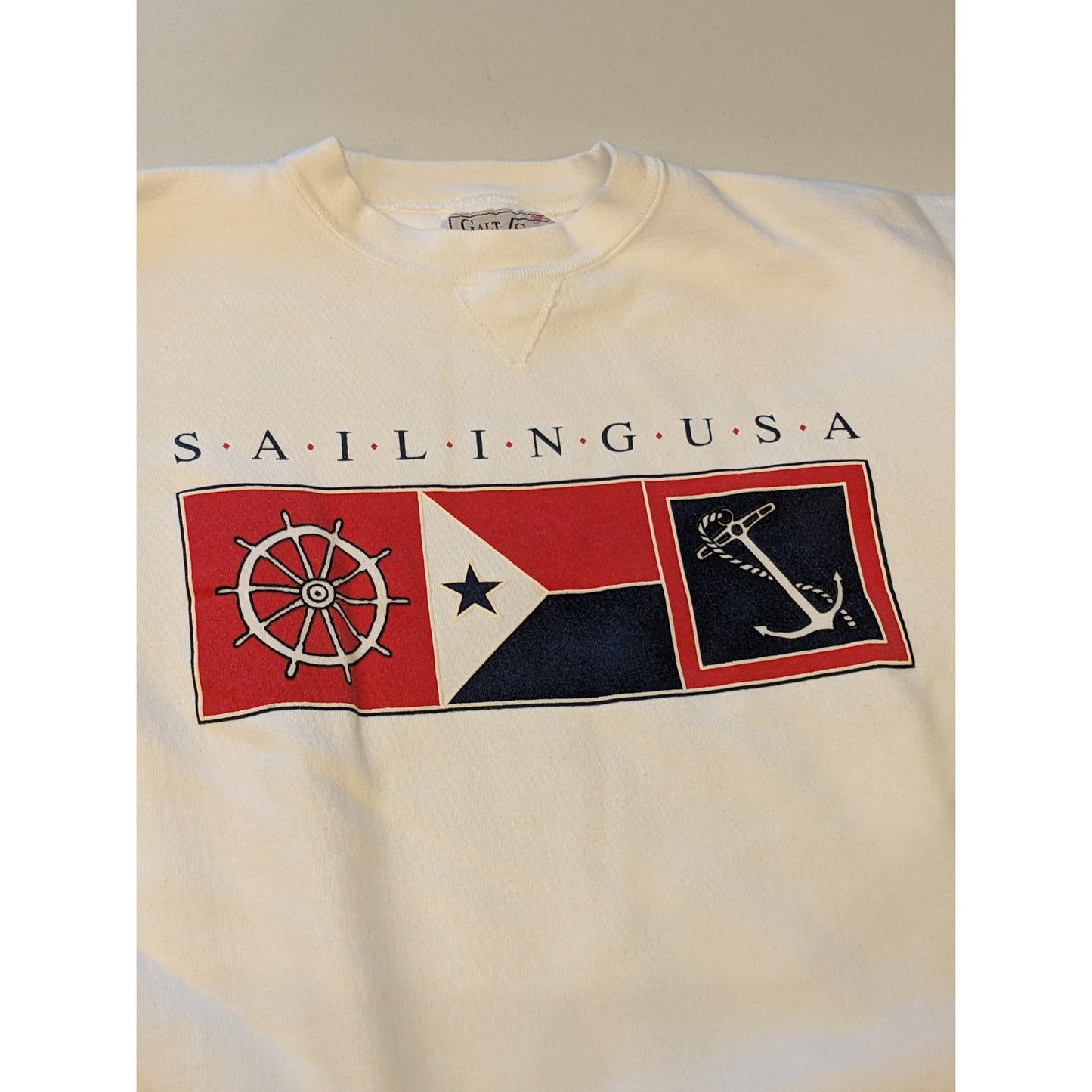 Vintage Galt Sand Sailing USA Sweatshirt Mens XL Crewneck Flag Anchor Pullover