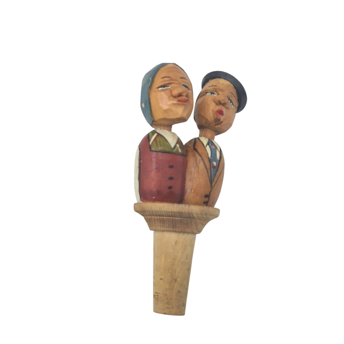 ANRI Italian HandCarved Wooden Bottle Stopper Couple Mechanical Folk Art Barware