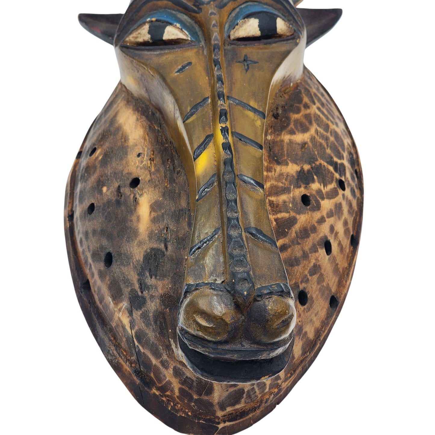 African Antelope Mask Hand Carved Wood Tribal Wall Art Rope Hanger Vintage 26"