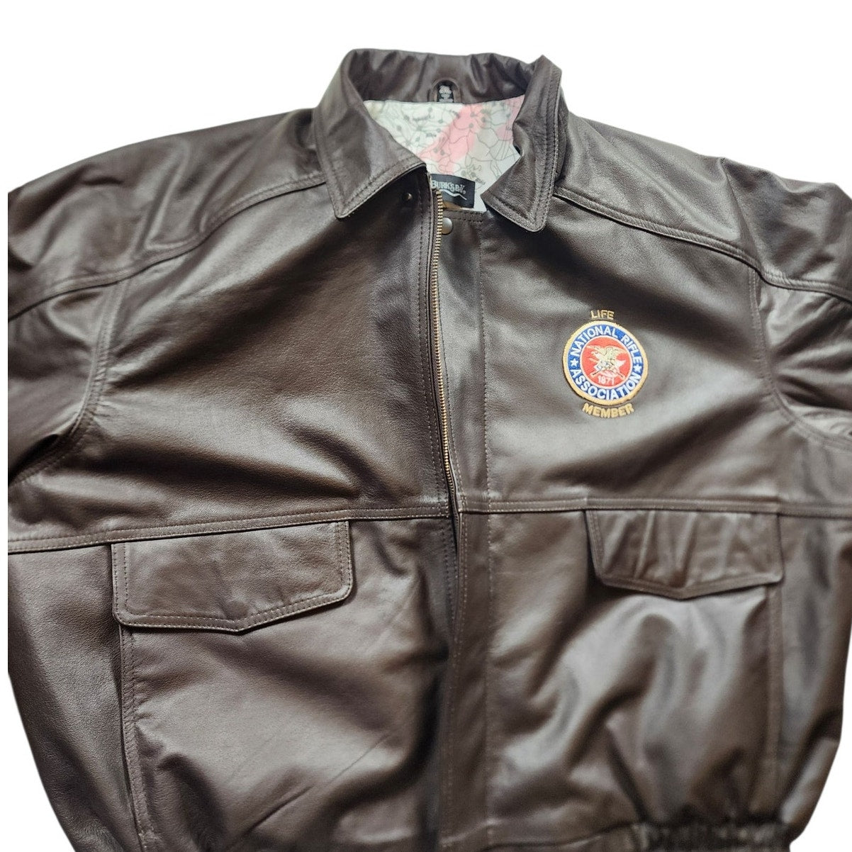 Burks Bay Leather Jacket Mens 2XL NRA Life Member Patch Logo \Bomber Vintage Y2K