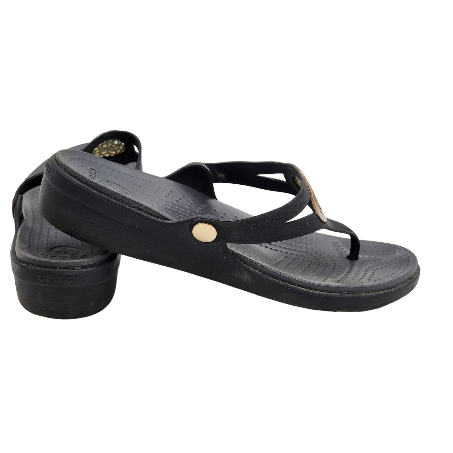 Crocs Sandals Womens 11 Black Capri V Flip Flop Gold Emblem Summer Beachwear