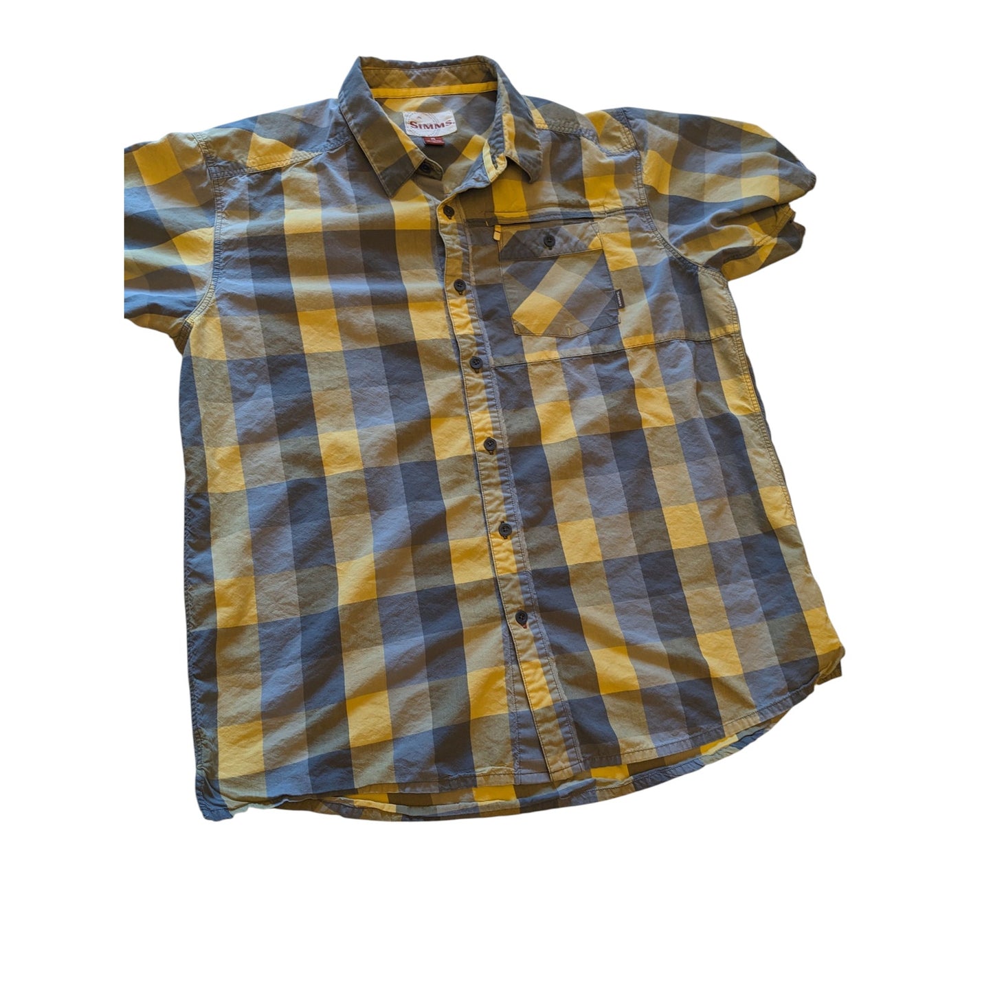 Simms Plaid Fishing Shirt Mens XL Yellow Short Sleeve Casual Outdoor Lightweight