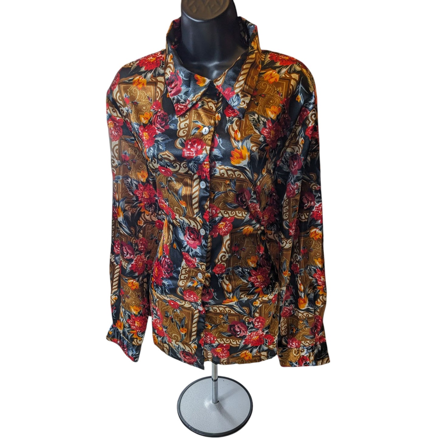 Jordan Blouse Shirt Women XL Button Floral Baroque Long Sleeve Silky Polyester