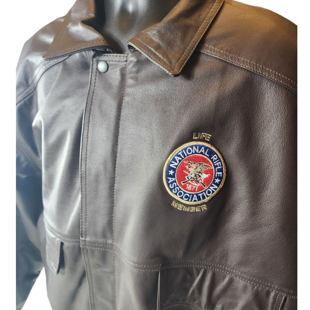 Burks Bay Leather Jacket Mens 2XL NRA Life Member Patch Logo \Bomber Vintage Y2K