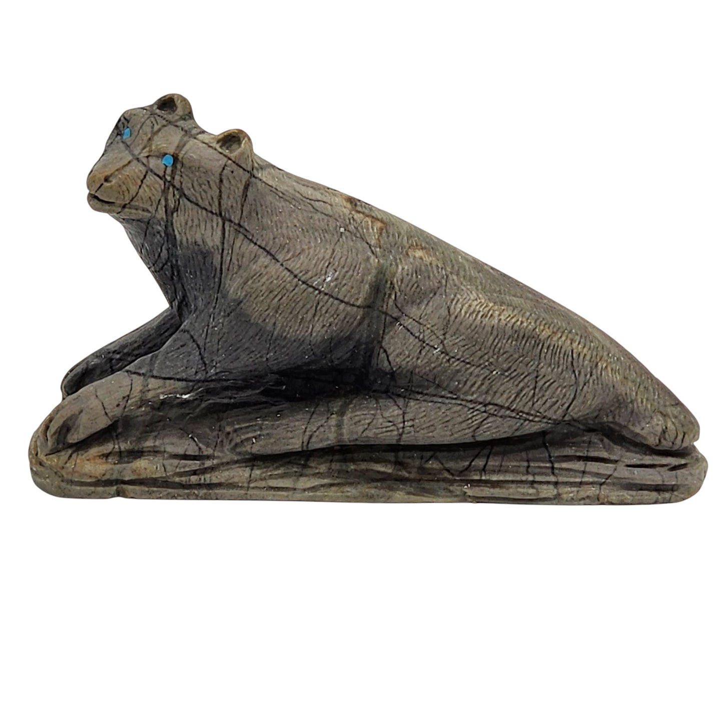 Native American Zuni Mountain Lion Stone Carving Calvin Weeka Turquoise Totem