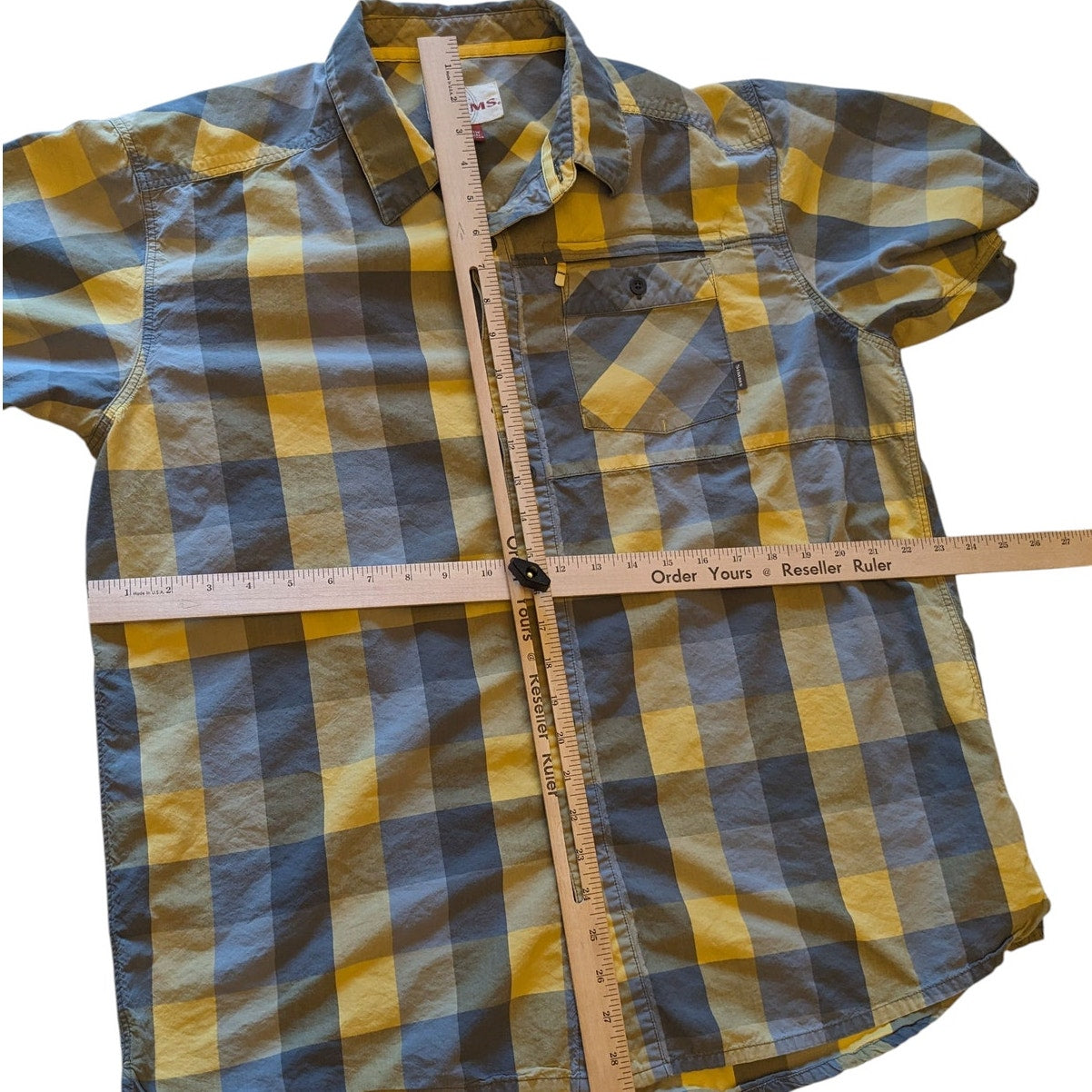 Simms Plaid Fishing Shirt Mens XL Yellow Short Sleeve Casual Outdoor Lightweight
