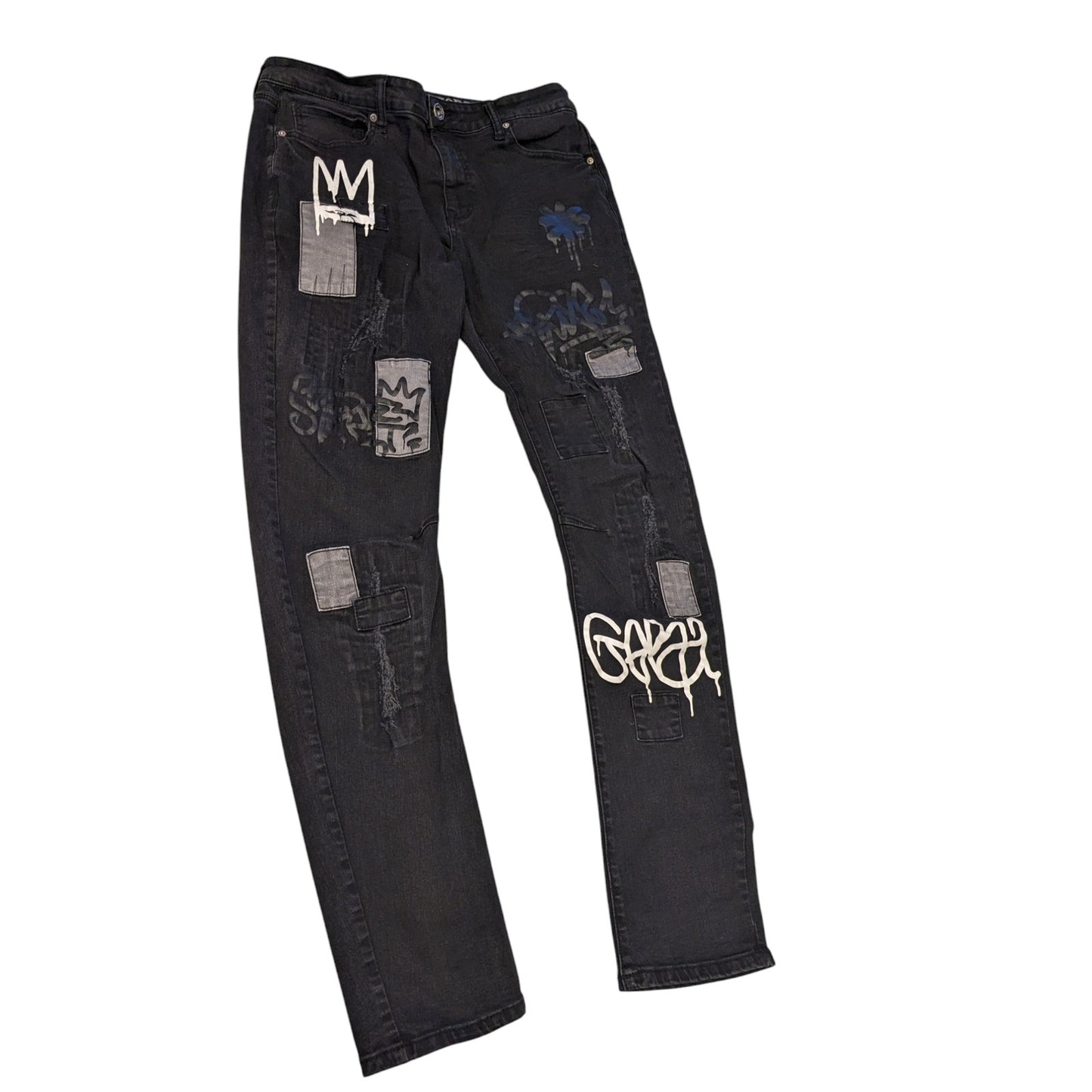 Rutherford Skinny Fit Jeans Mens 34 Distressed Graffiti Patches Streetwear Bold