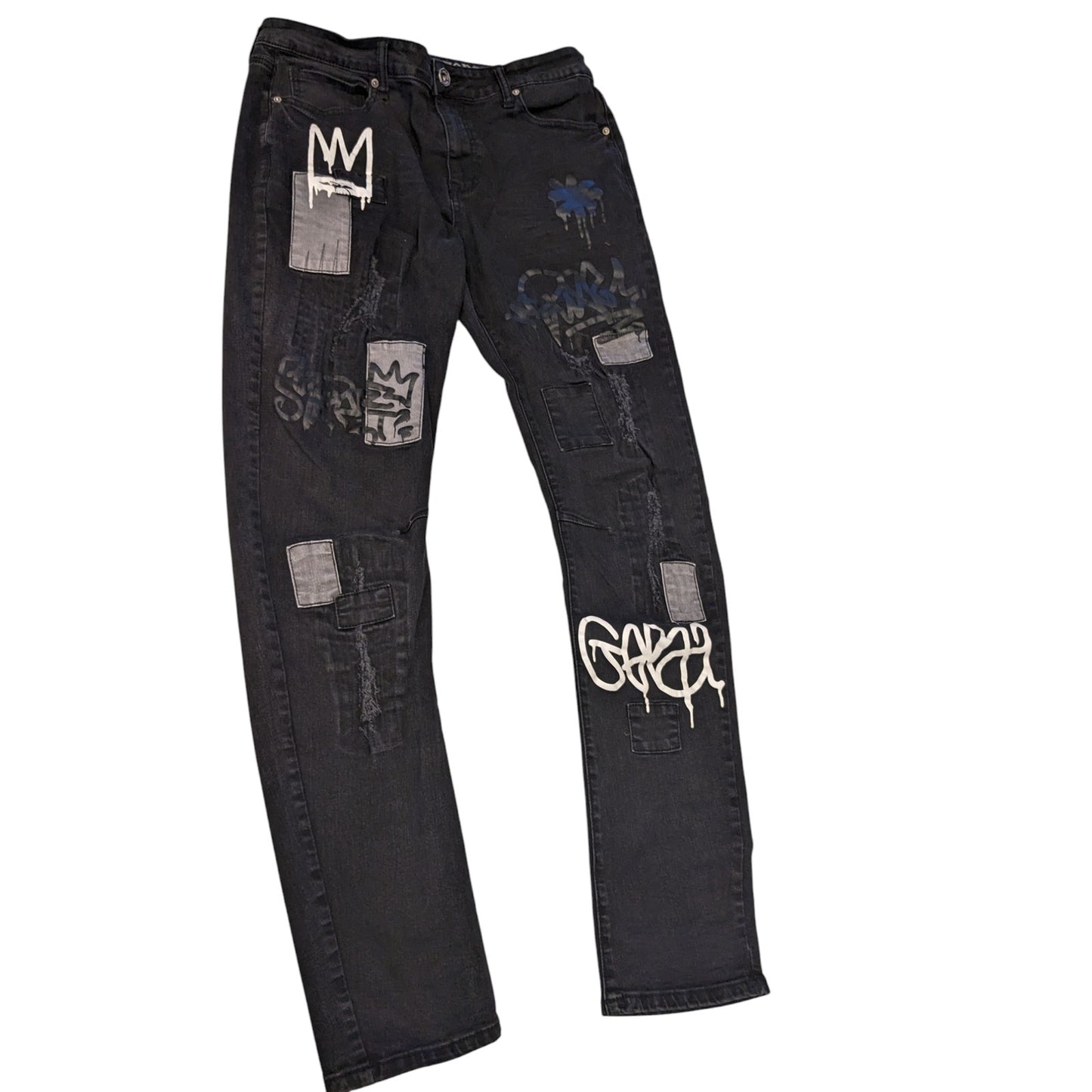Rutherford Skinny Fit Jeans Mens 34 Distressed Graffiti Patches Streetwear Bold