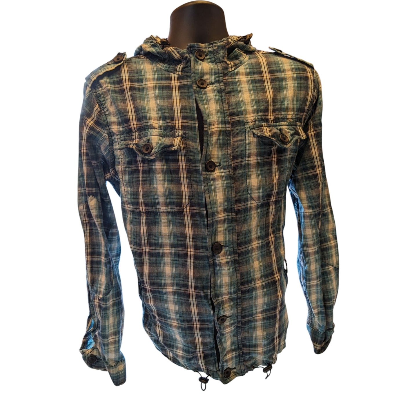 New Look Hoodie Mens Medium/Large Blue Plaid Lightweight Hooded Jacket British