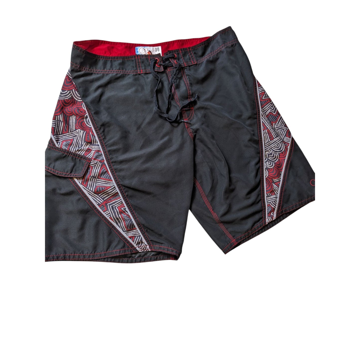 OP Board Shorts Mens 36 Black Red Tribal Print Swim Surfwear Ocean Pacific Beach