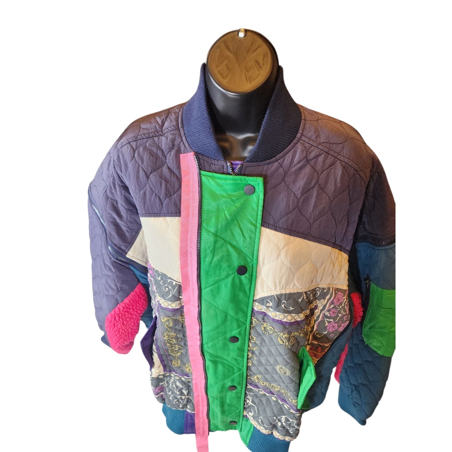 DTU Pink Colorblock Jacket M Oversized XL Quilted Patchwork Bomber Retro Street