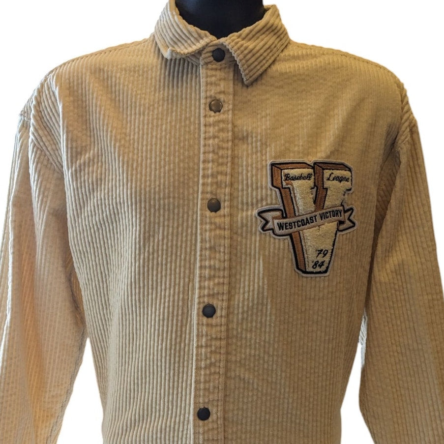 H&M Varsity Corduroy Shirt Jacket Mens Medium Snap Button Embroidered SF Tiger
