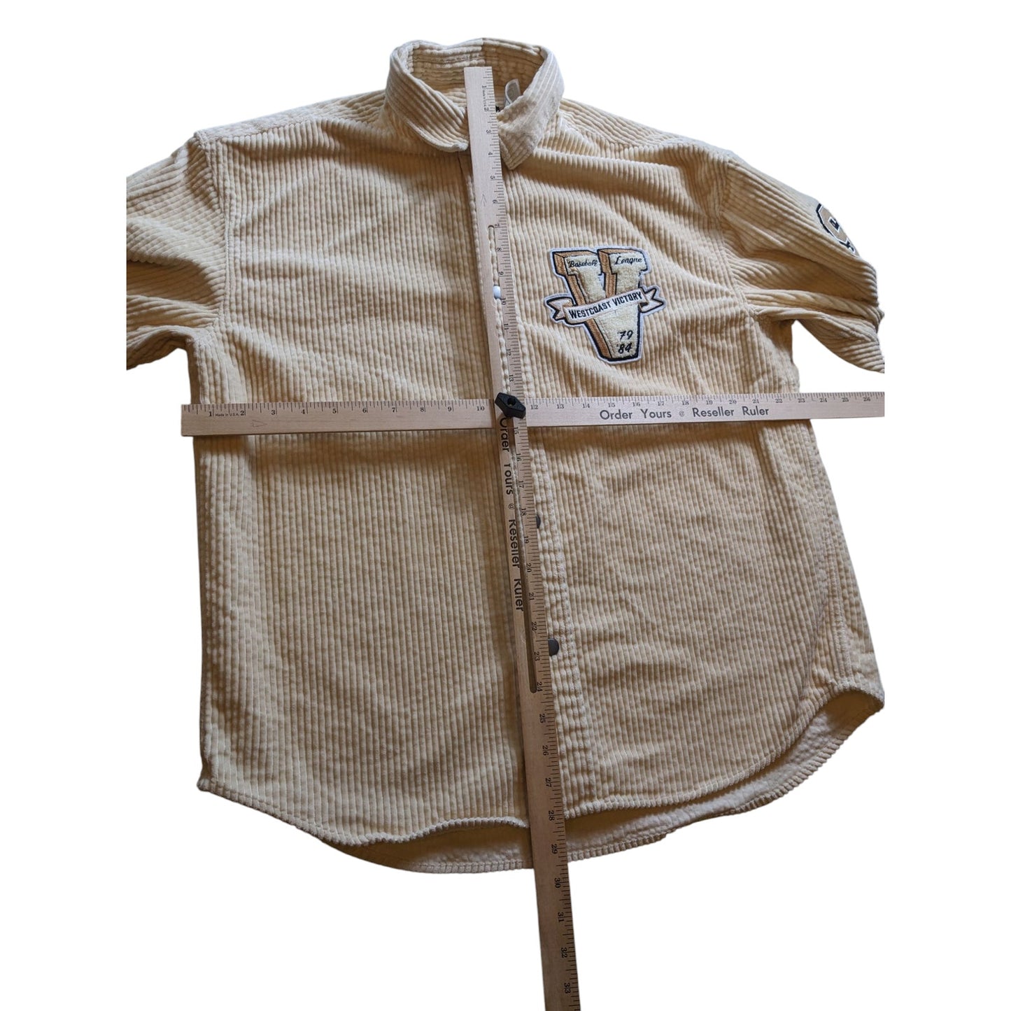 H&M Varsity Corduroy Shirt Jacket Mens Medium Snap Button Embroidered SF Tiger