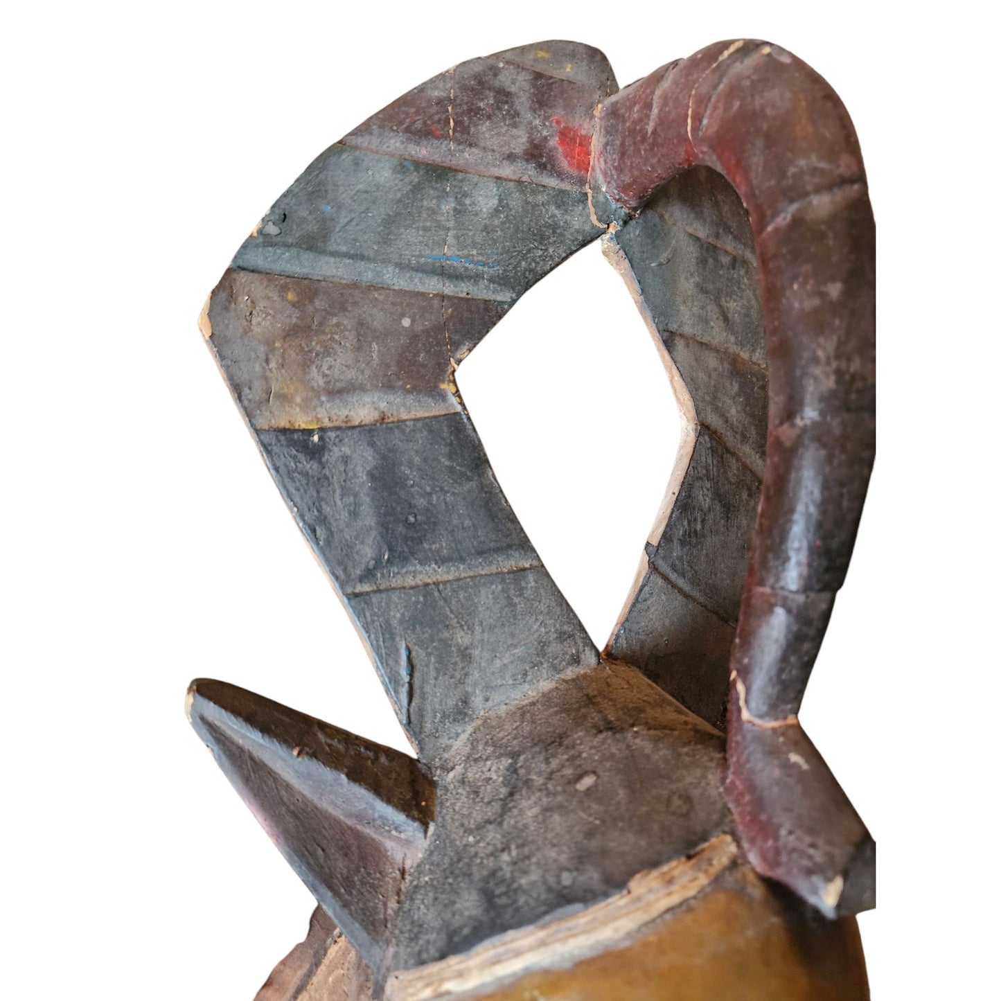 African Antelope Mask Hand Carved Wood Tribal Wall Art Rope Hanger Vintage 26"