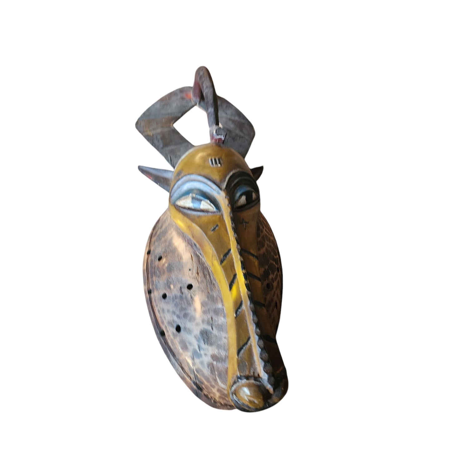 African Antelope Mask Hand Carved Wood Tribal Wall Art Rope Hanger Vintage 26"