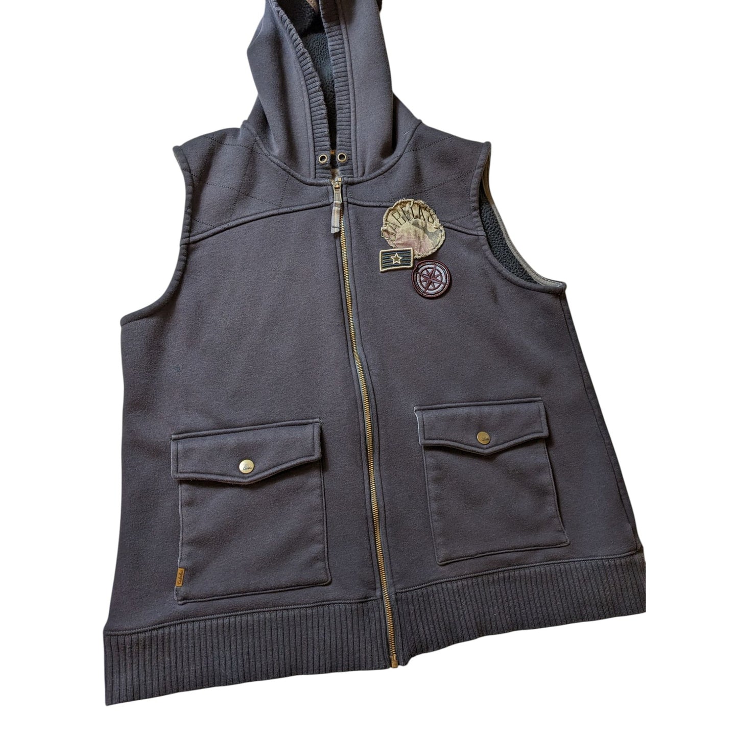 Cabelas Sleeveless Hoodie Vest Womens 2XL Mens XL Fleece Patches Streetwear Zip