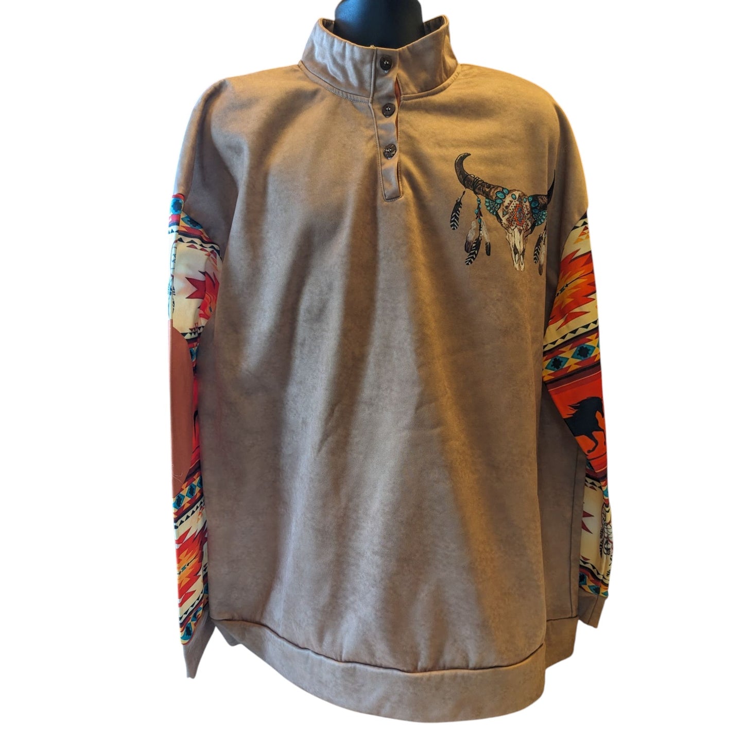 Western Pullover Shirt Sweatshirt Men 3XL Long Sleeve Aztec Skull Southwest Boho