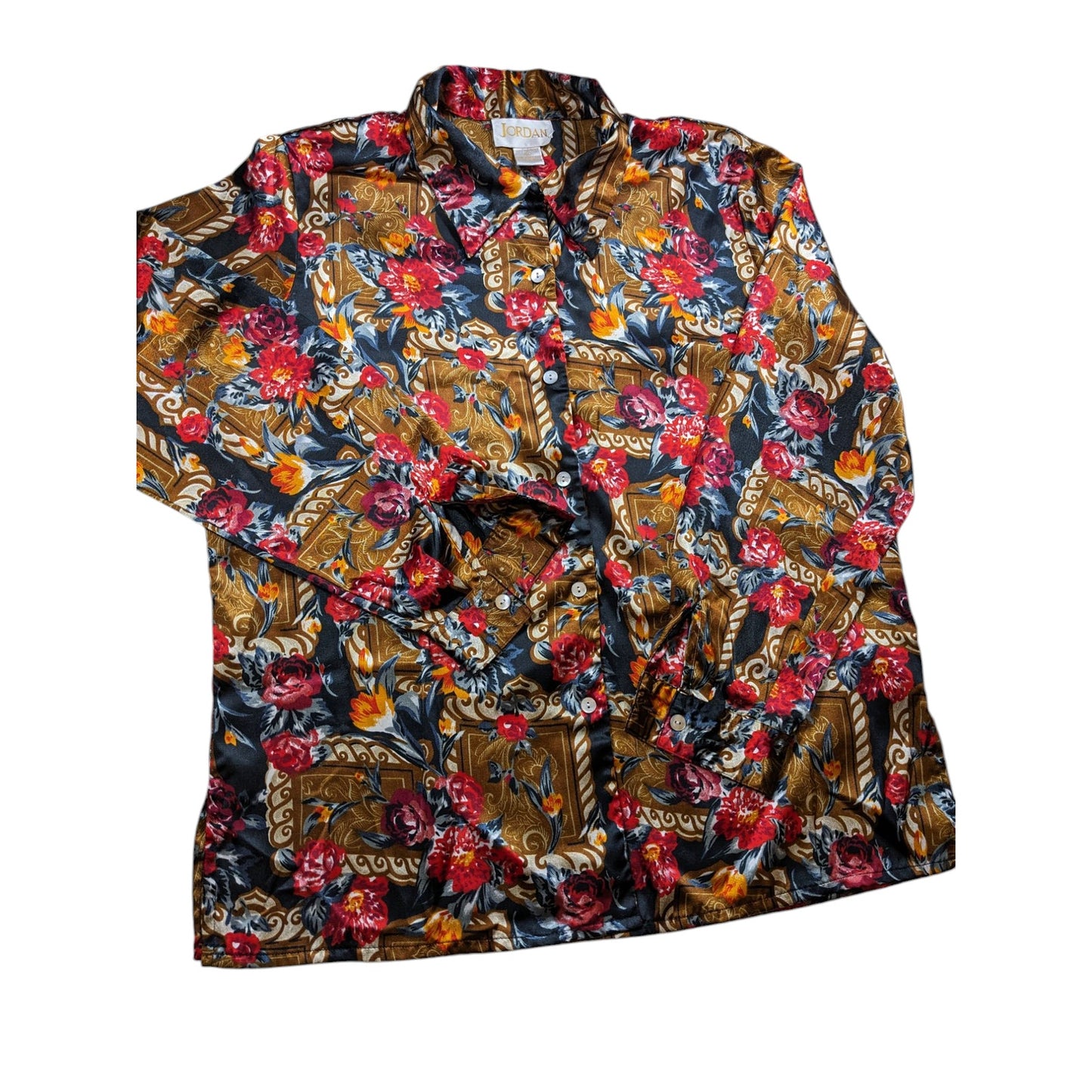 Jordan Blouse Shirt Women XL Button Floral Baroque Long Sleeve Silky Polyester