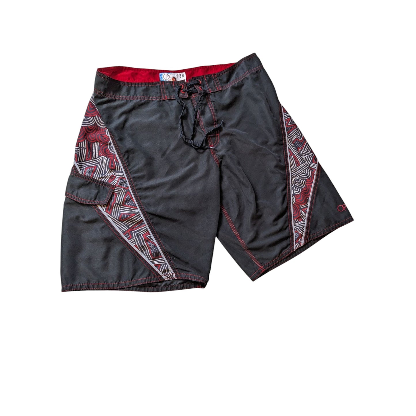 OP Board Shorts Mens 36 Black Red Tribal Print Swim Surfwear Ocean Pacific Beach