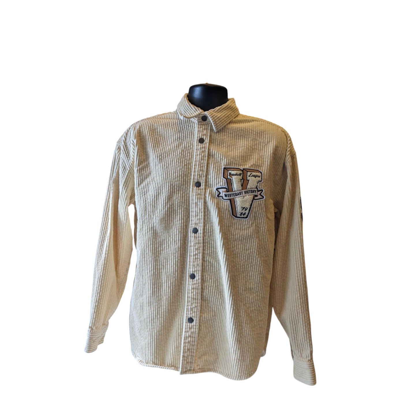 H&M Varsity Corduroy Shirt Jacket Mens Medium Snap Button Embroidered SF Tiger