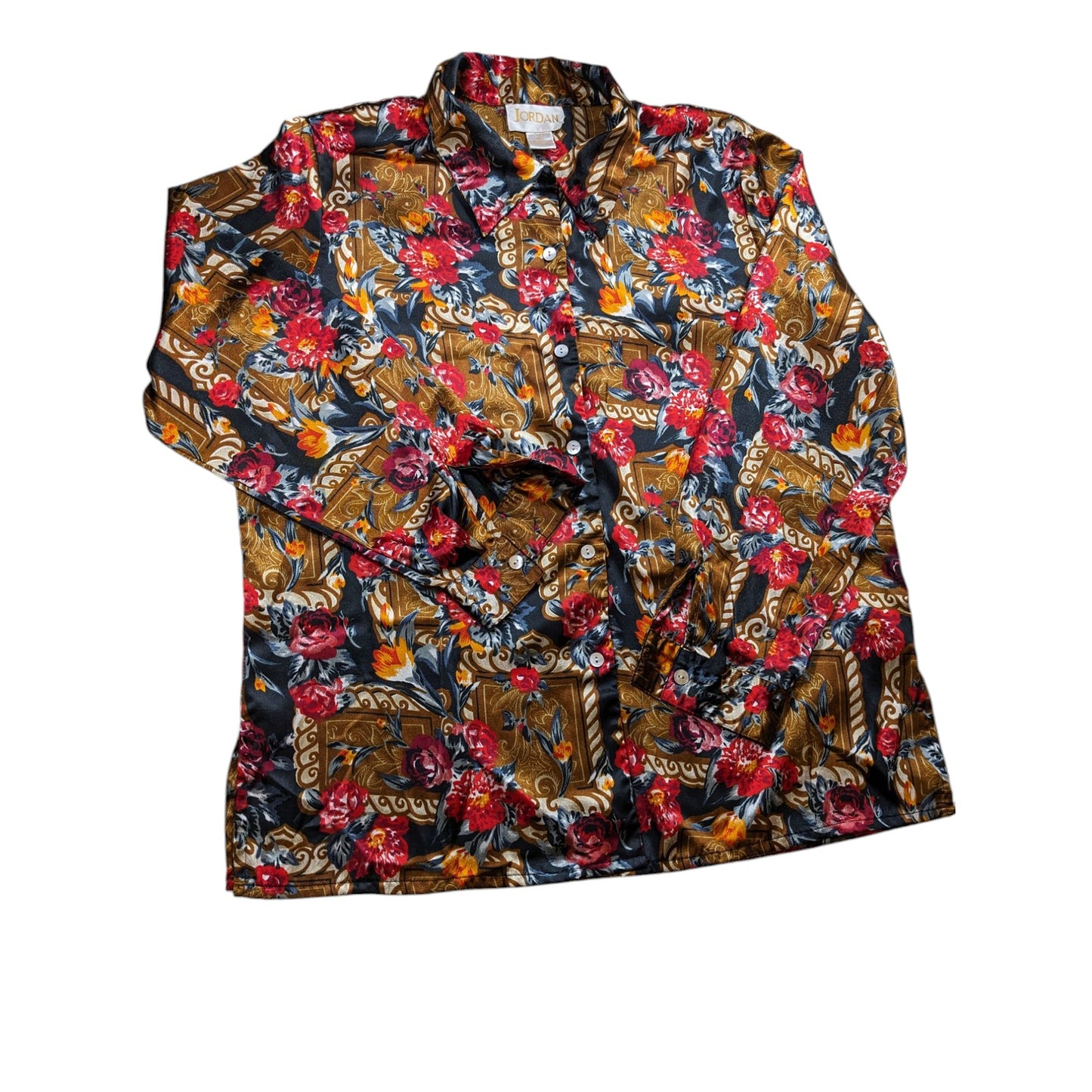 Jordan Blouse Shirt Women XL Button Floral Baroque Long Sleeve Silky Polyester