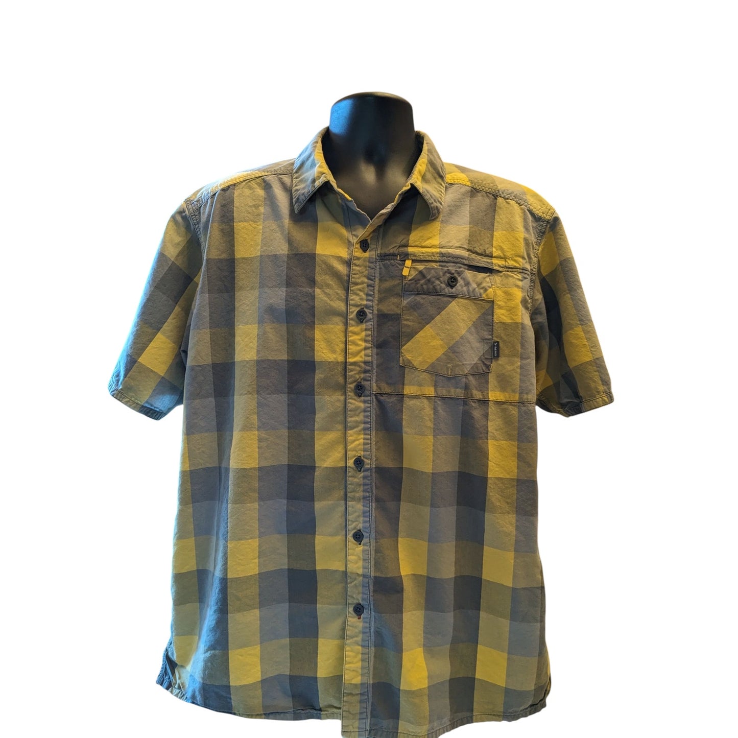 Simms Plaid Fishing Shirt Mens XL Yellow Short Sleeve Casual Outdoor Lightweight