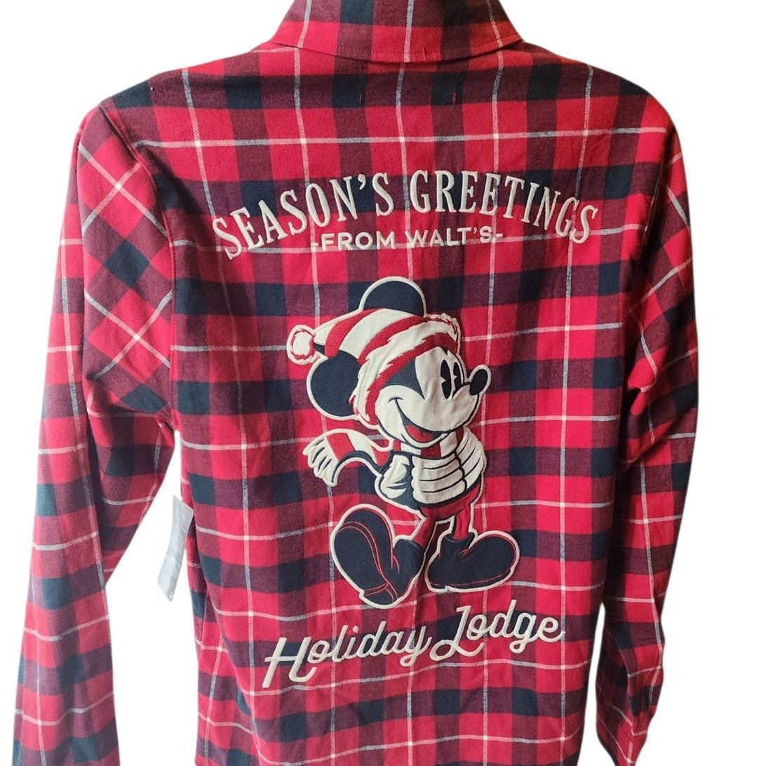 Disney Mickey Plaid Flannel Shirt Large Seasons Greeting Holiday Lodge Christmas