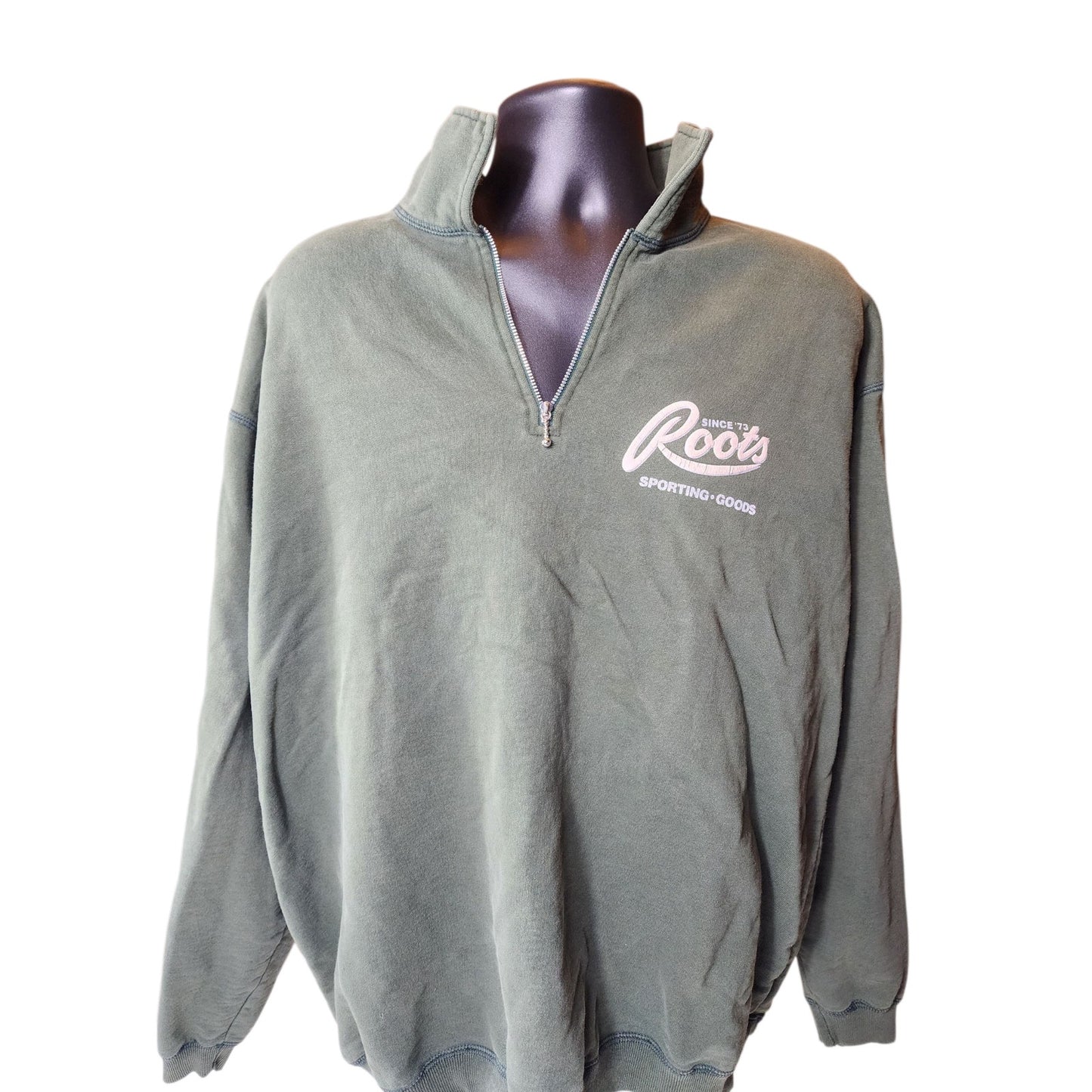 Roots Canada Half Zip Pullover Sweatshirt Mens XL Green Cotton Vintage Y2K