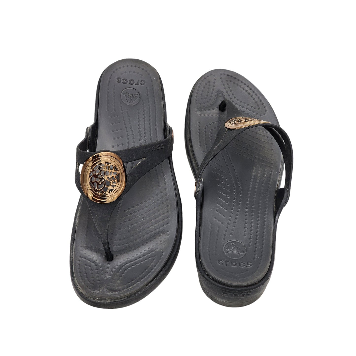 Crocs Sandals Womens 11 Black Capri V Flip Flop Gold Emblem Summer Beachwear