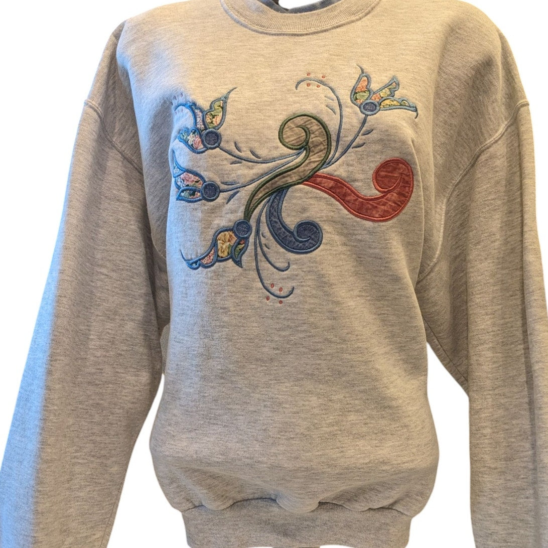 Vintage Jerzees Sweatshirt Women Large Embroidered Floral Pullover Retro 90s