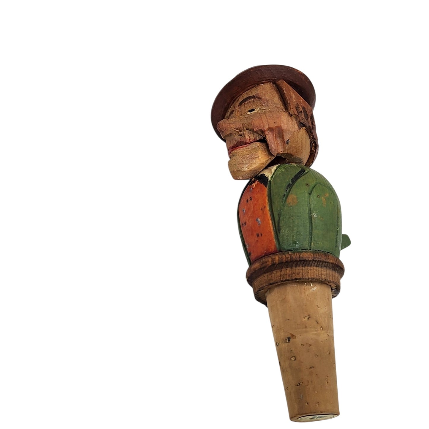 Vintage ANRI Italian Hand Carved Wooden Bottle Stopper Movable Folk Art Barware