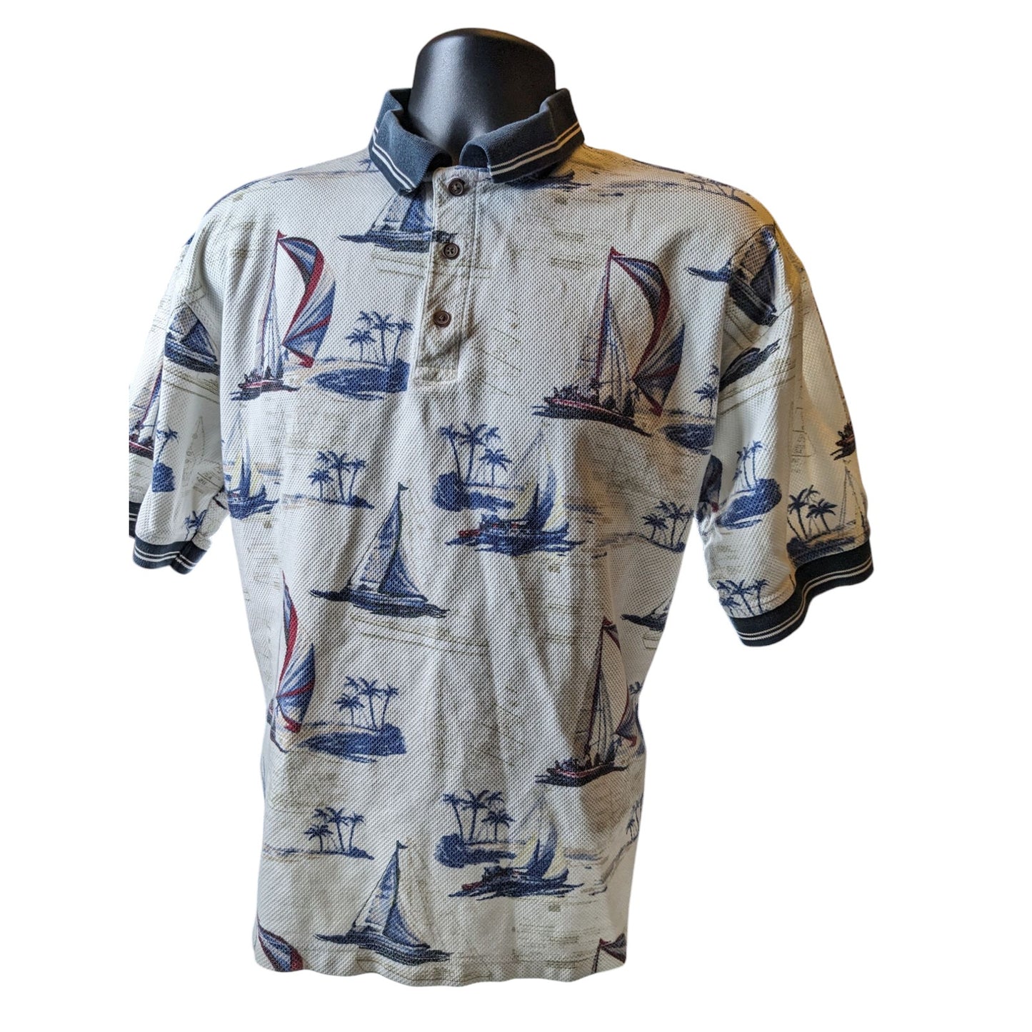 American Summer Polo Shirt Mens Large Nautical Sailboat Vintage Vacation Preppy