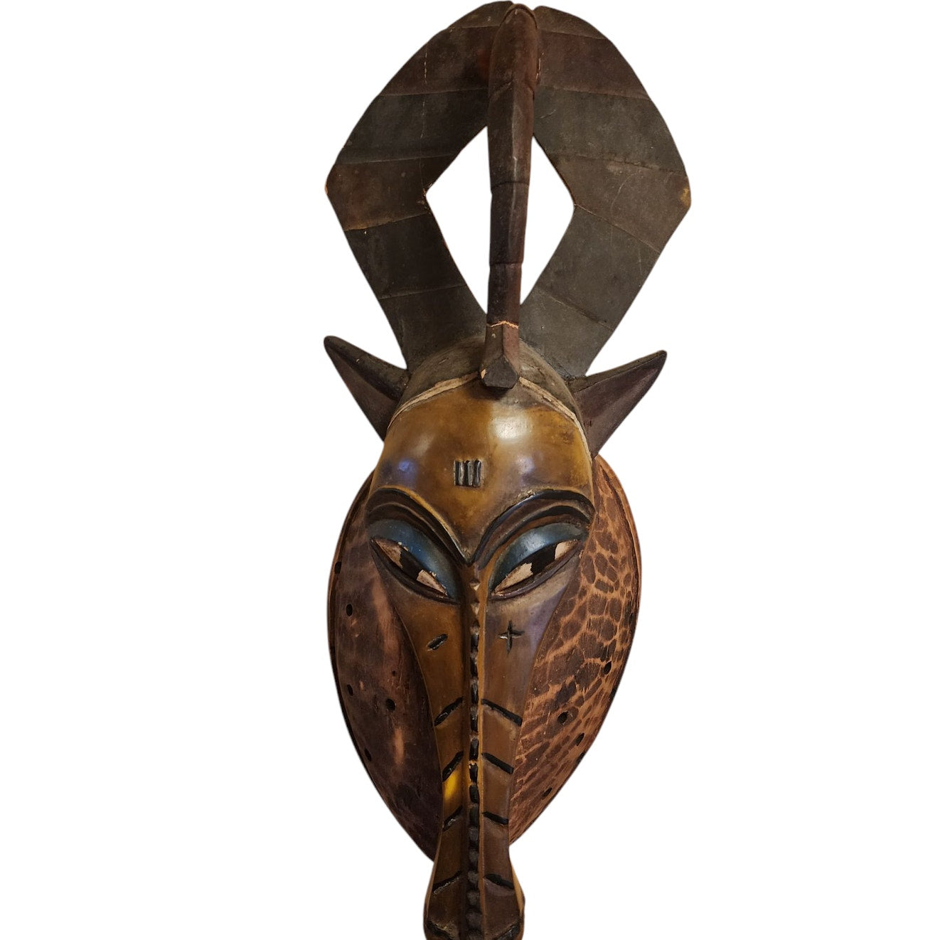 African Antelope Mask Hand Carved Wood Tribal Wall Art Rope Hanger Vintage 26"
