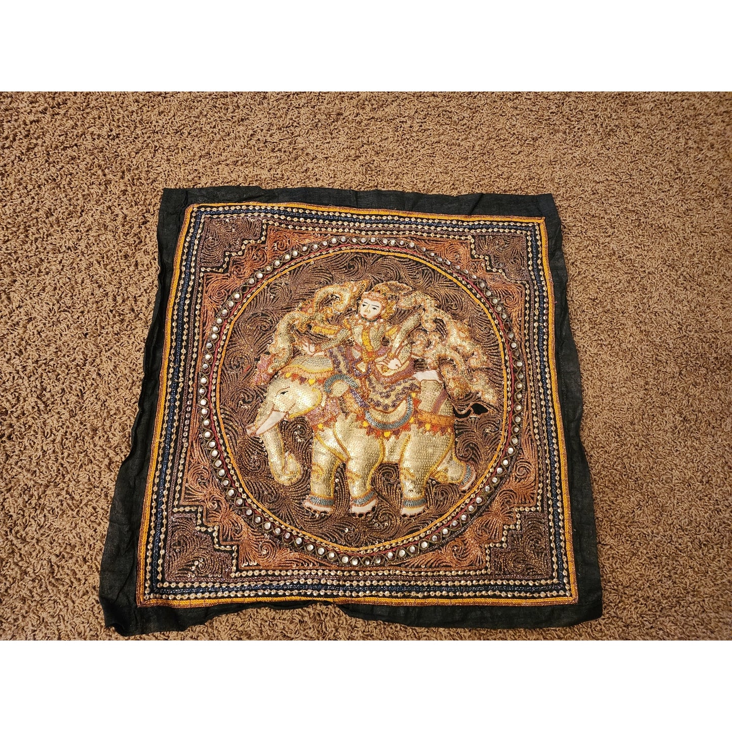 Vintage Asian Elephant Tapestry 3D Raised Handcraft Embroidered Sequins Art 21"