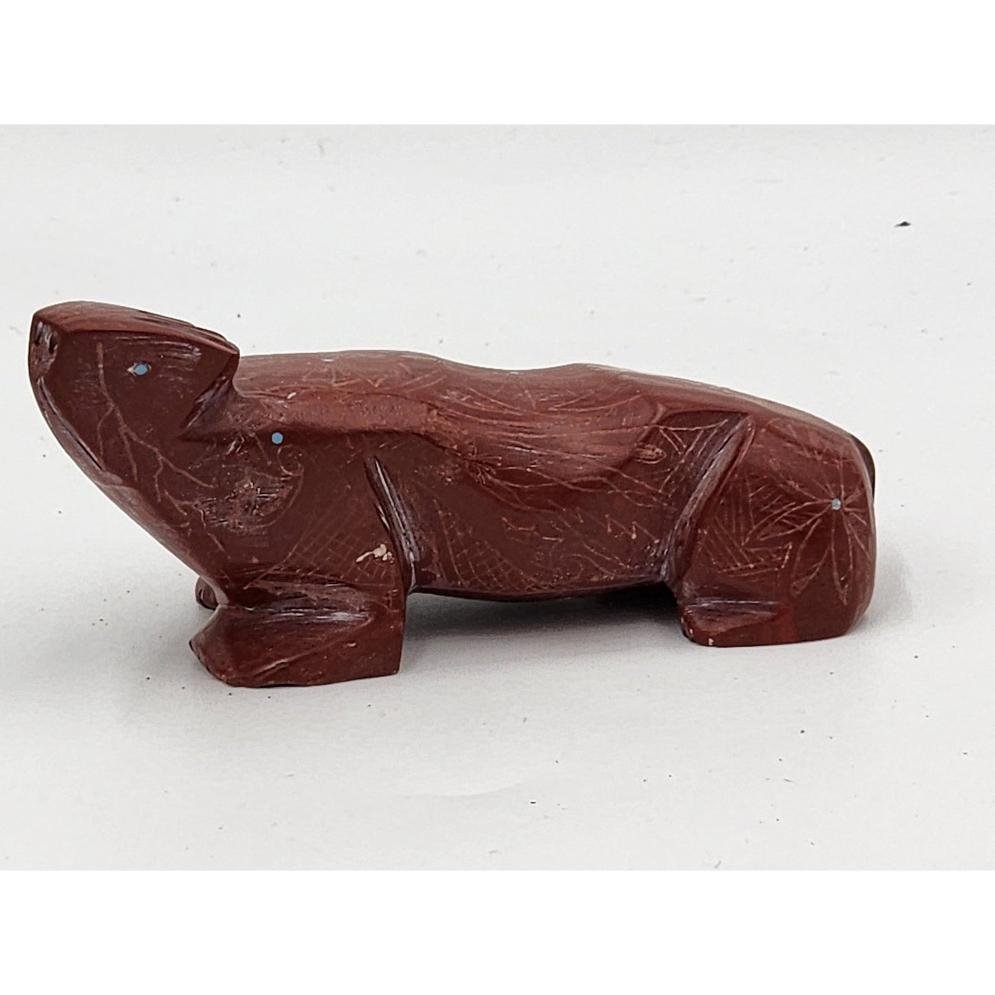 Native American Zuni Bear Fetish Derrick Kaamasee Pipestone Carving Turquoise 4"