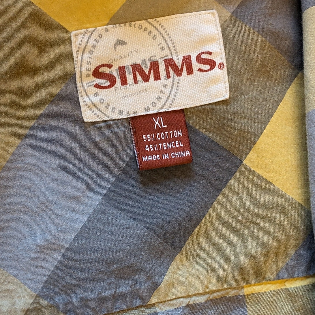 Simms Plaid Fishing Shirt Mens XL Yellow Short Sleeve Casual Outdoor Lightweight
