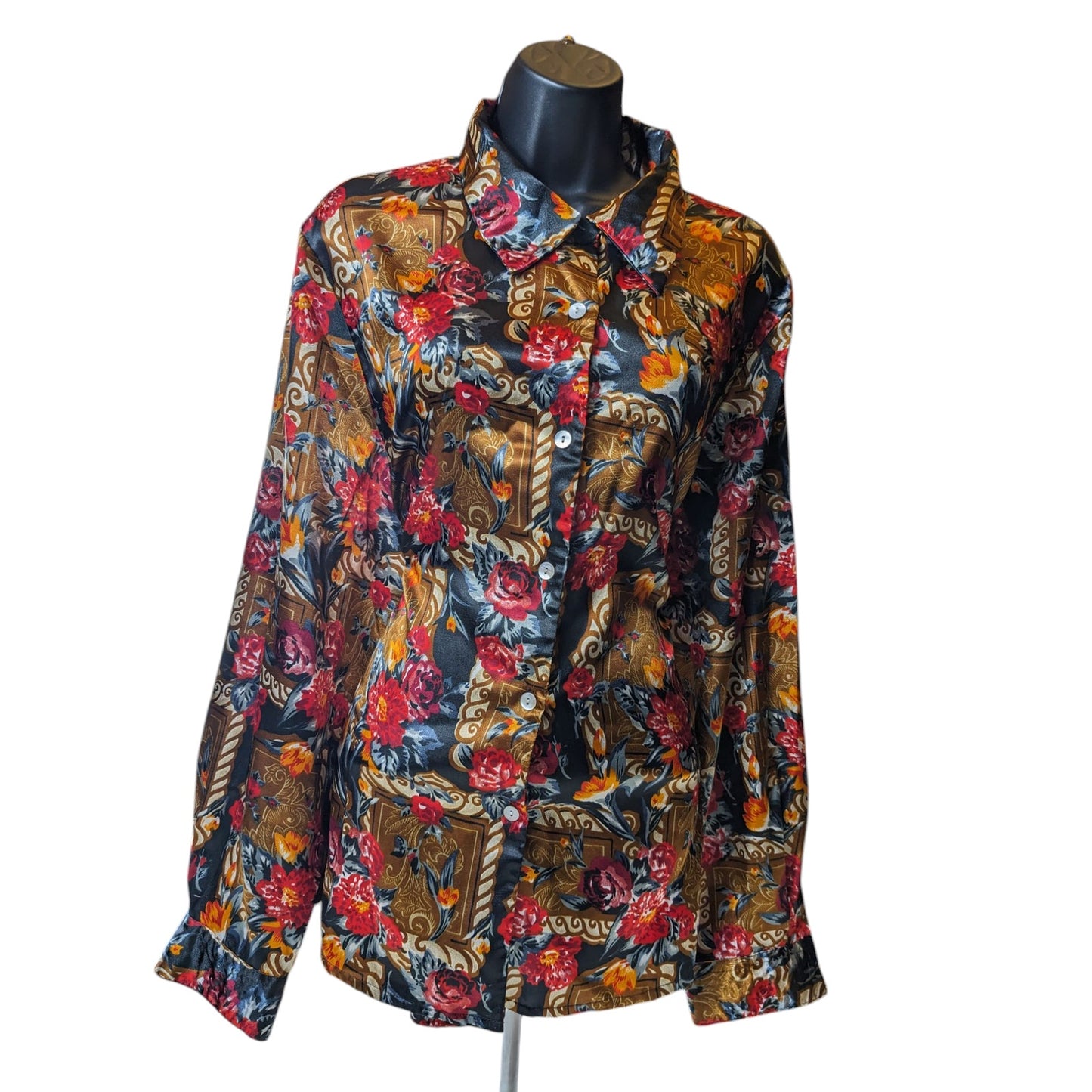 Jordan Blouse Shirt Women XL Button Floral Baroque Long Sleeve Silky Polyester