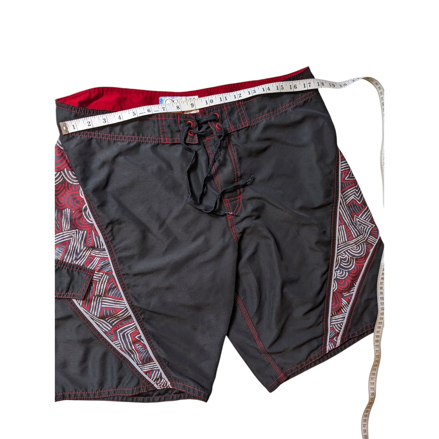 OP Board Shorts Mens 36 Black Red Tribal Print Swim Surfwear Ocean Pacific Beach