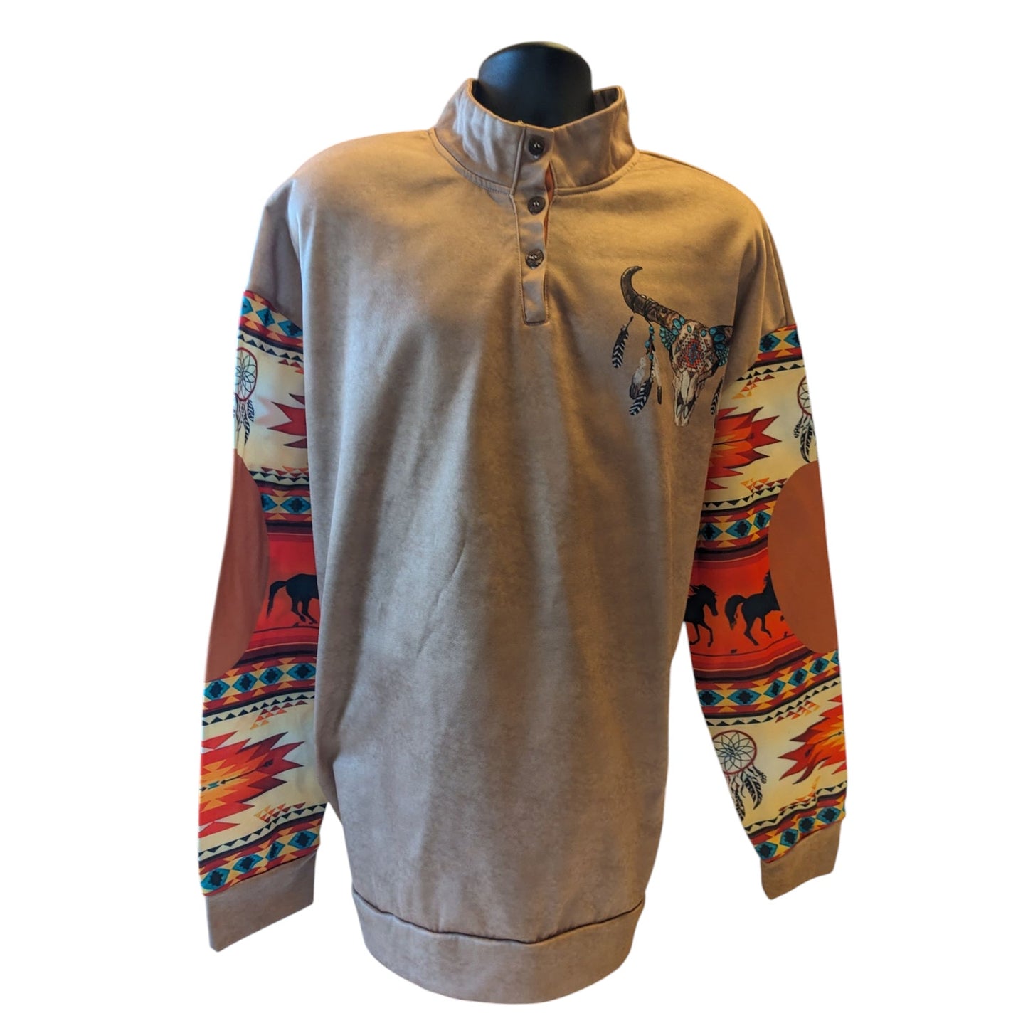 Western Pullover Shirt Sweatshirt Men 3XL Long Sleeve Aztec Skull Southwest Boho