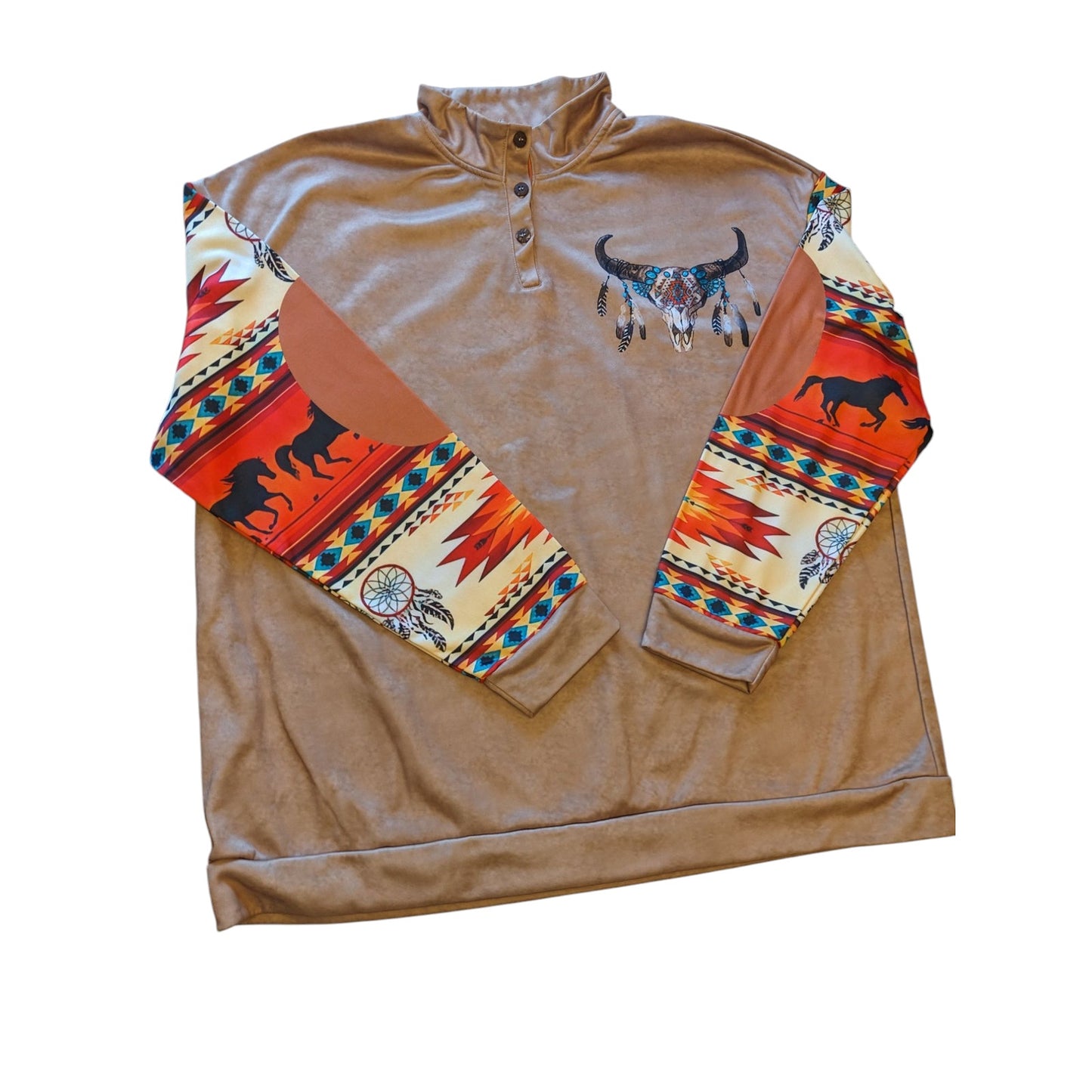 Western Pullover Shirt Sweatshirt Men 3XL Long Sleeve Aztec Skull Southwest Boho