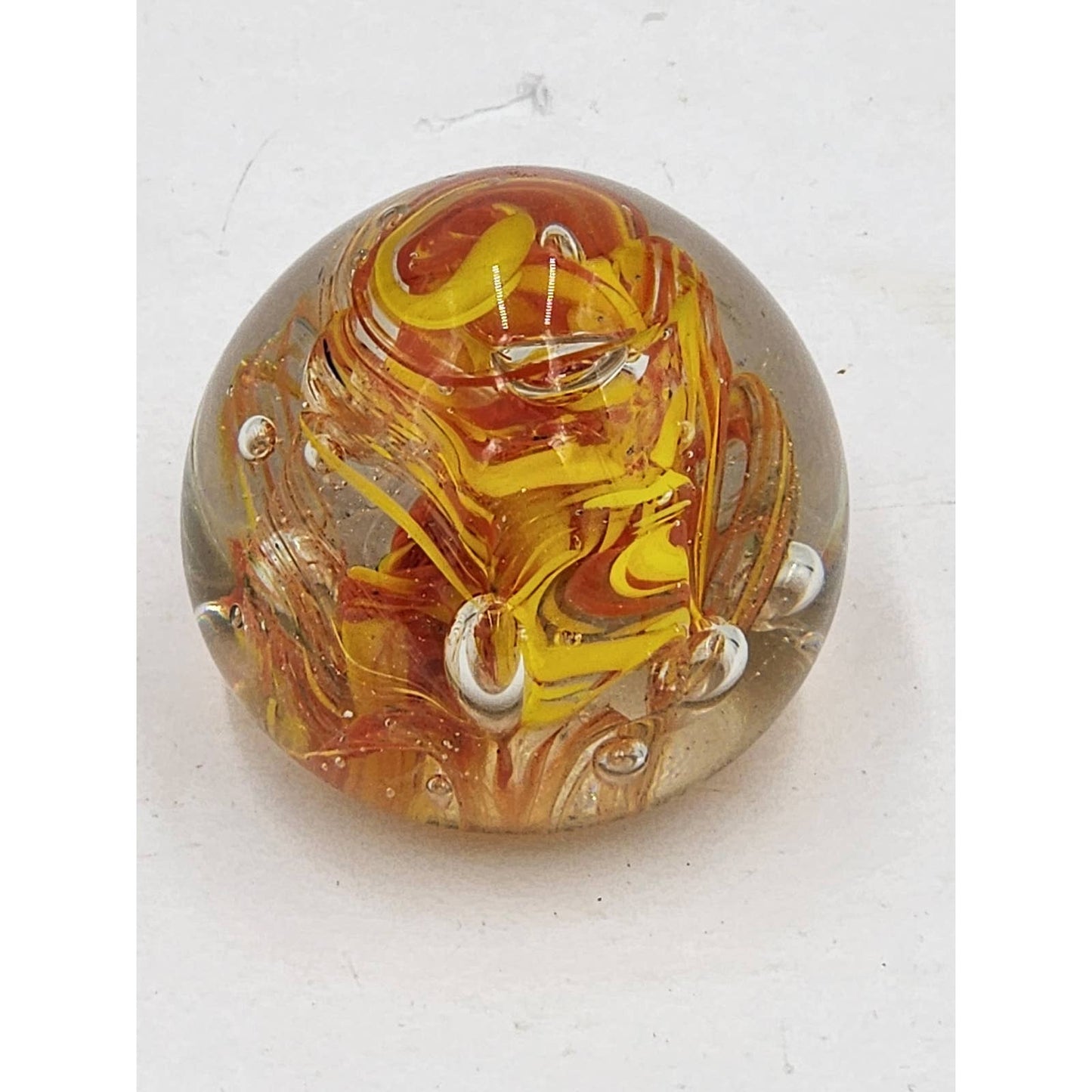 Paperweight Art Glass Orange Yellow Floral Vintage Collectible Home Office Decor