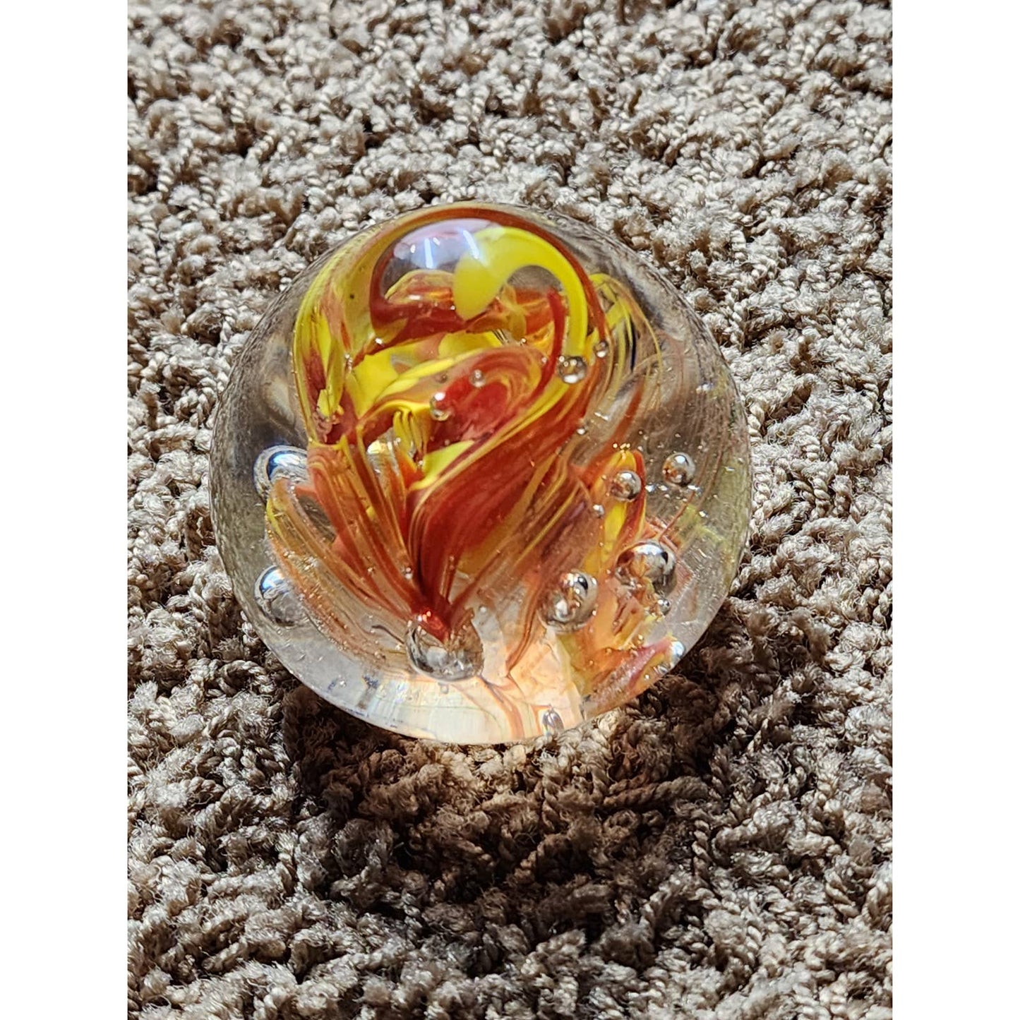 Paperweight Art Glass Orange Yellow Floral Vintage Collectible Home Office Decor