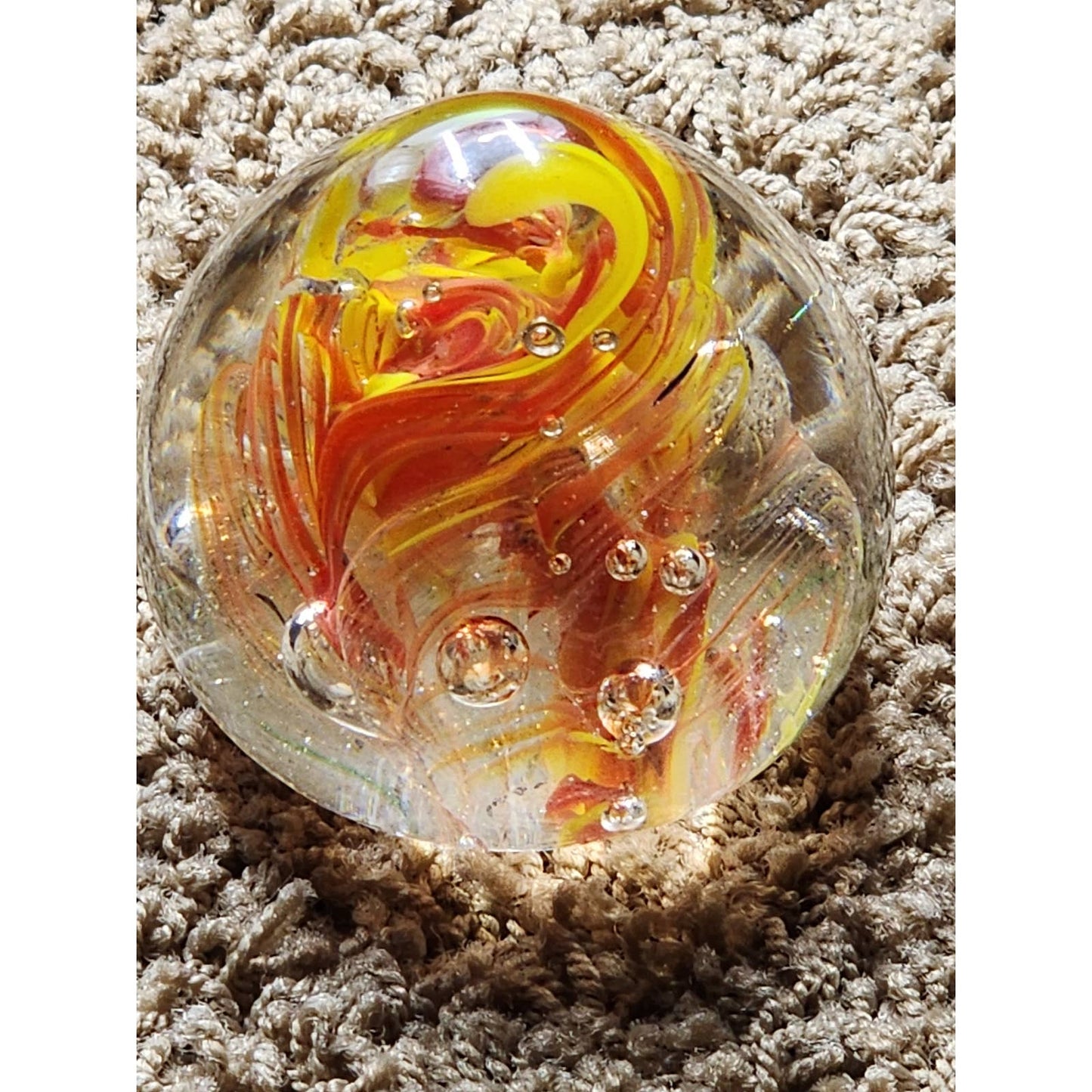 Paperweight Art Glass Orange Yellow Floral Vintage Collectible Home Office Decor